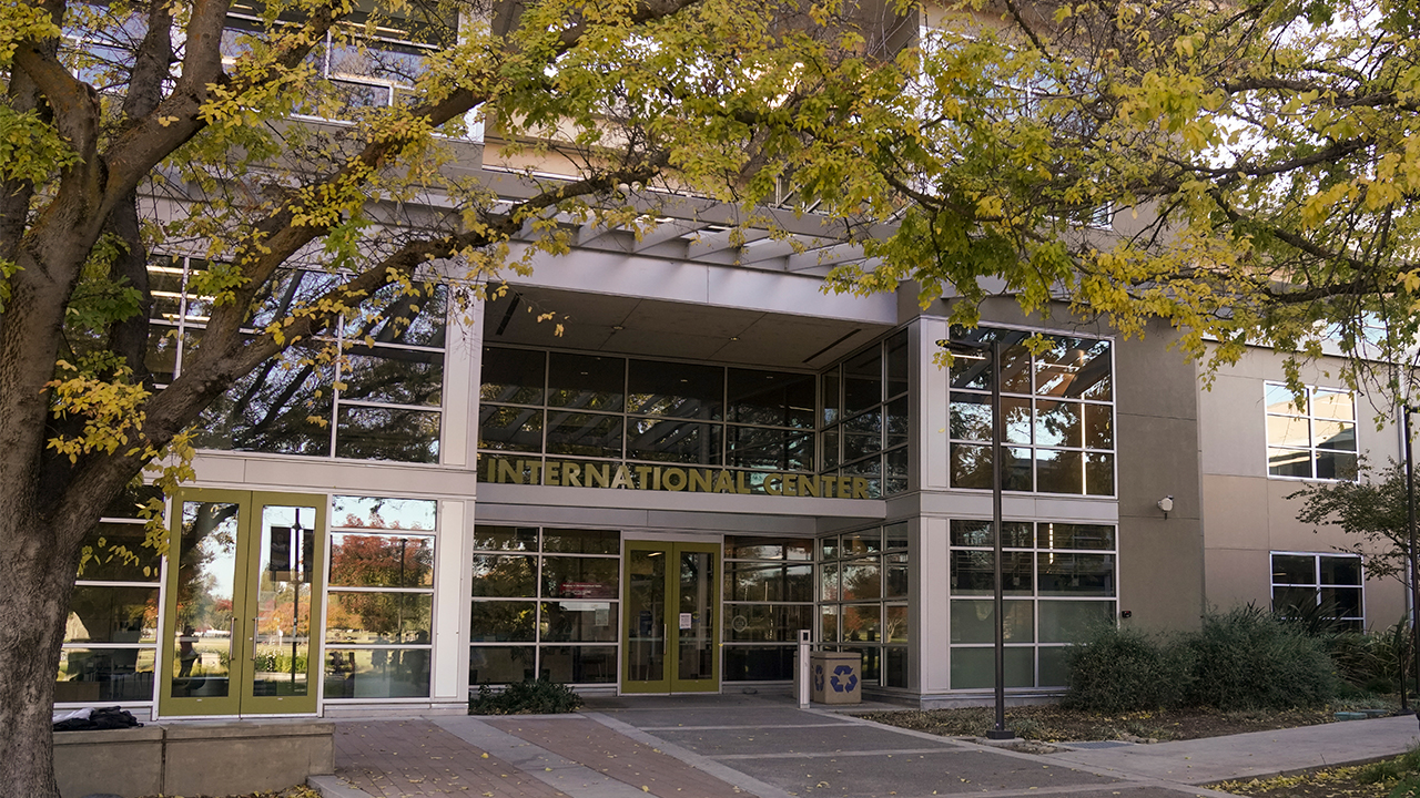 The International Center Building in the late afternoon shade. The trees are turning with the autumn season and some have fallen on the concrete walkway outside the building. A sign above the main entrance reads, "International Center."