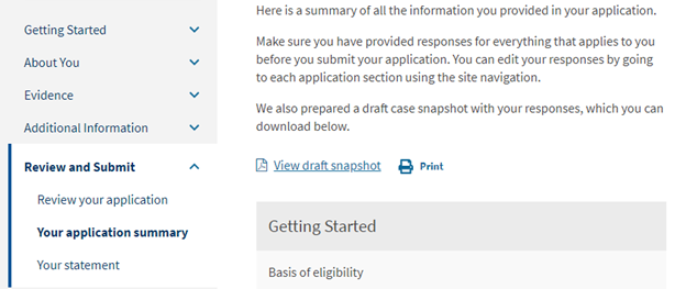 Screen capture of the I-765 application online with red boxes calling attention to the two areas referred to in the directions on this page: one in the left column under "Review and Submit" highlighting "Your Application Summary," and one in the main page content to "View Draft Snapshot."