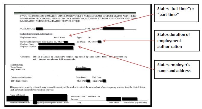 Top of Page 3 of an I-20 with approved CPT 