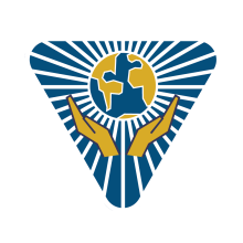 In a triangle shape striped in blue and white, emanating from a blue and gold globe in the middle, two gold hands hold up the globe.