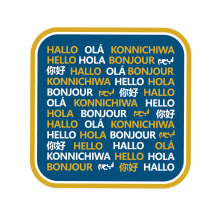 A blue graphic square with a yellow boarder has the word "Hello" in 42 different languages.