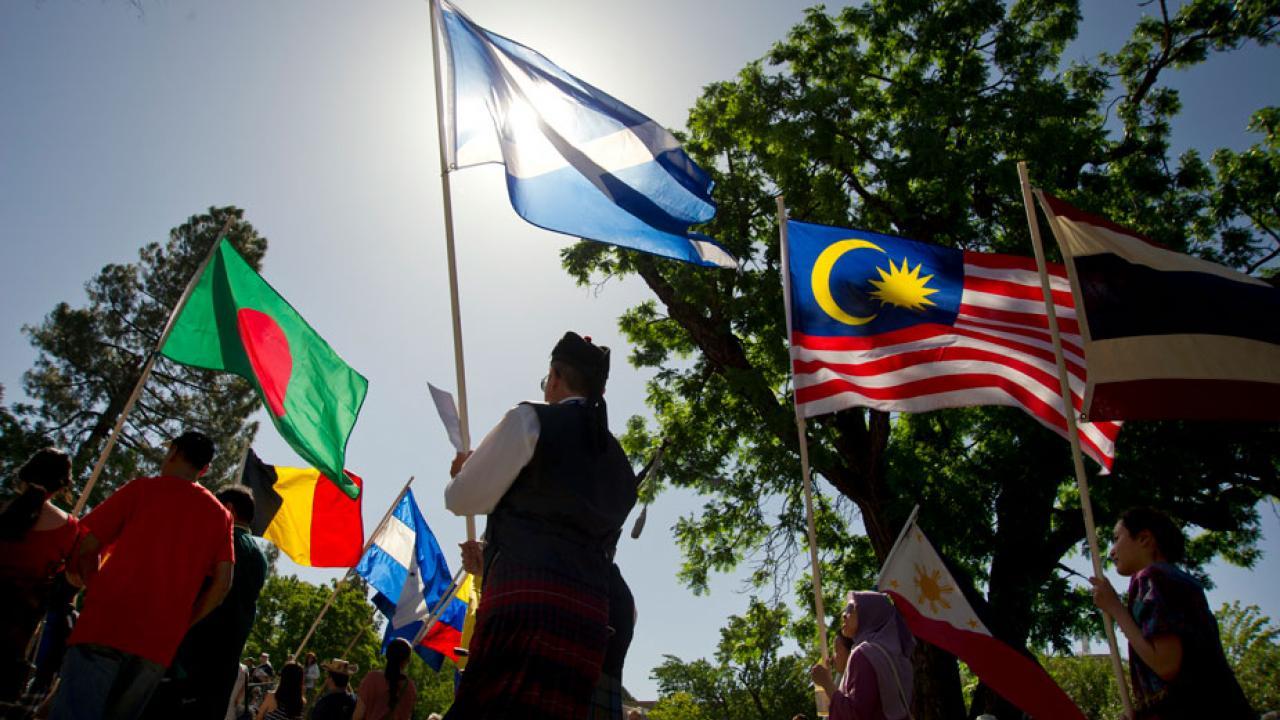 Picnic Day Parade participants carry flags from around the world. picnic day parade