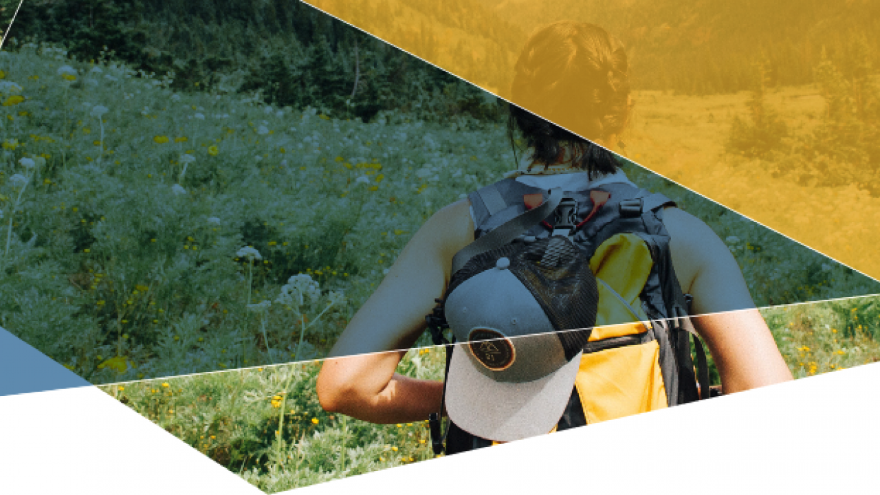 woman backpacking with color splotches