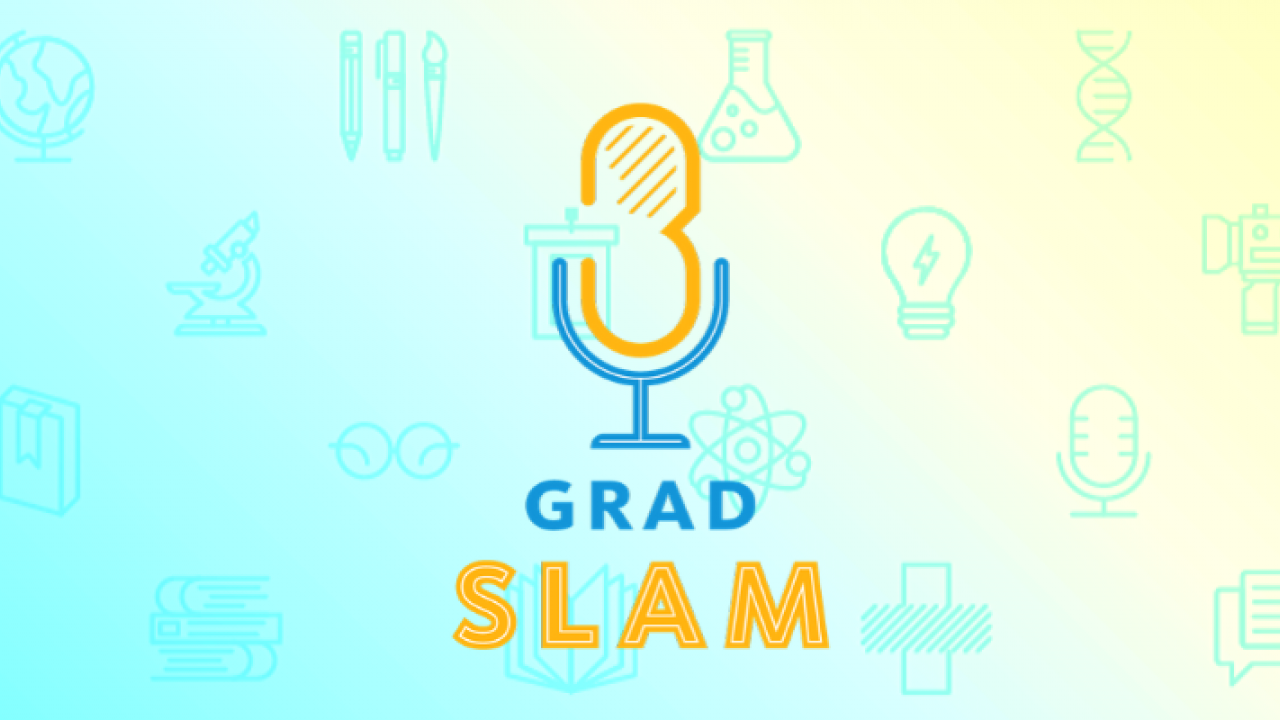 An illustration of a microphone on a light blue and yellow background with the words "Grad Slam" below it