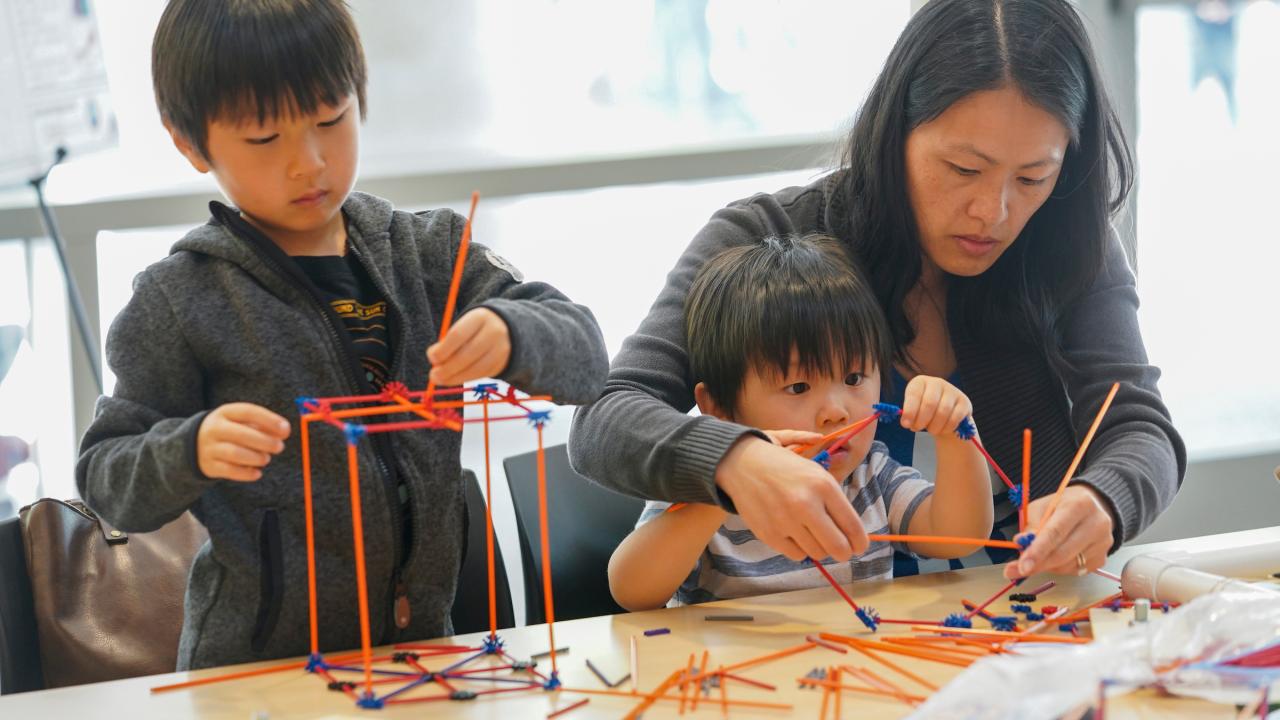 Two children build structures with kinex toys, their mother helps the youngest.
