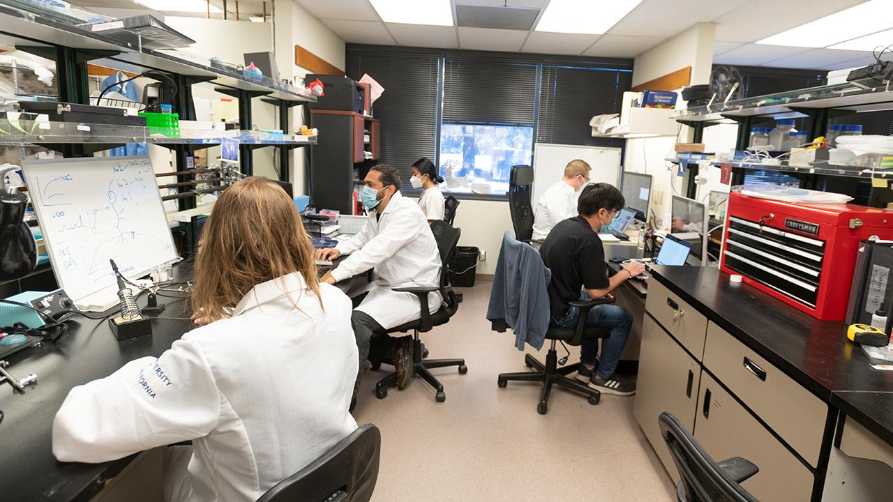 Five researchers sit in a lab working on computers and collaborating.
