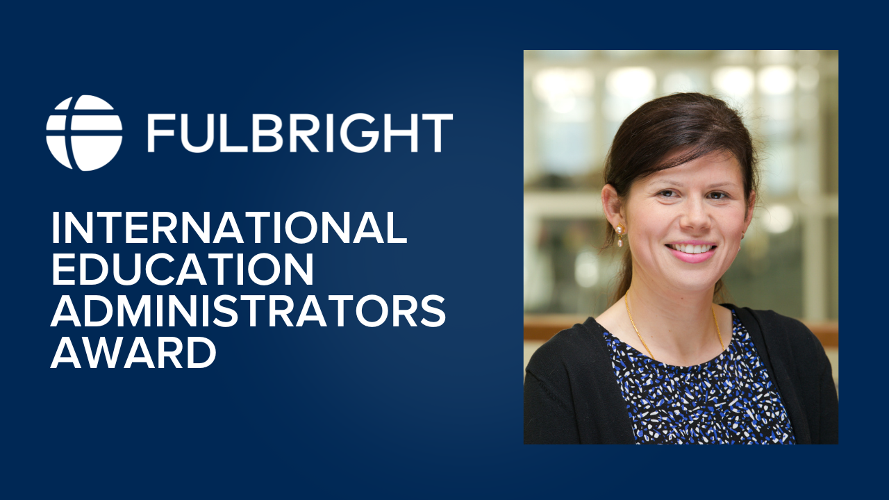 On a blue background, on the left is the Fulbright logo and the words "International Education Administrators Award", and on the right is a headshot of Mary Alurwar.