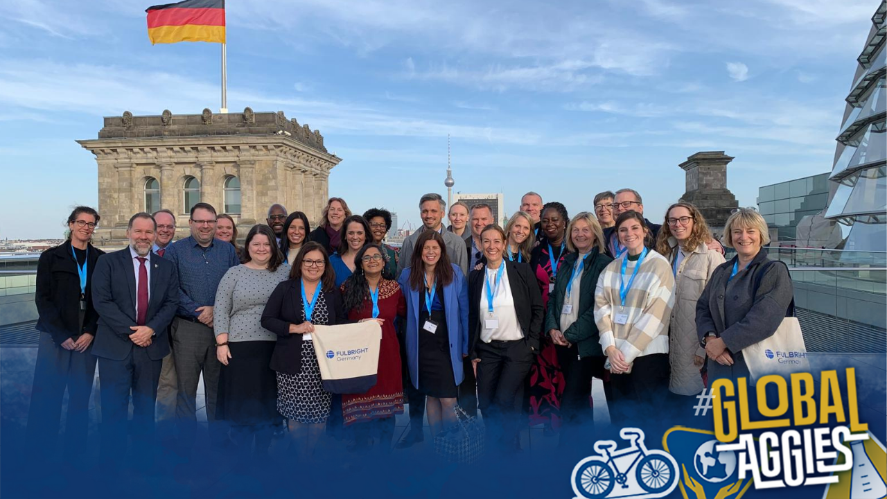 Group photo of Fulbright Germany scholars with Global Aggies logo.