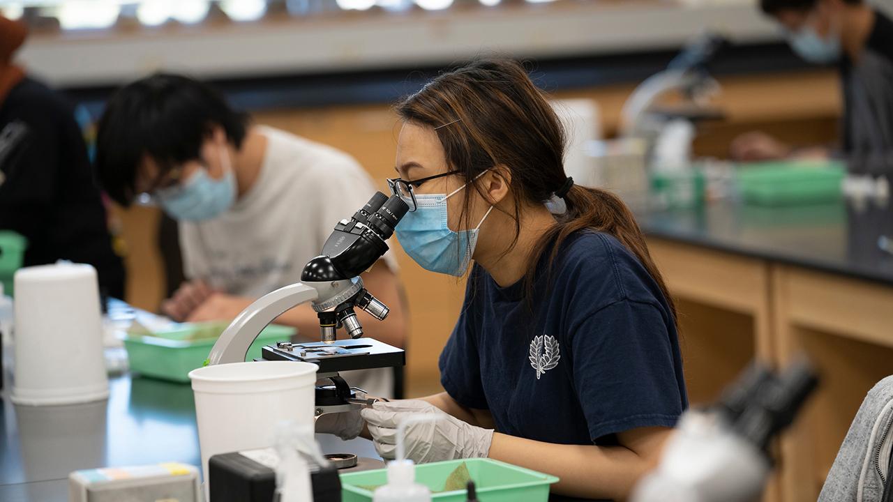 students wear masks and look through microscopes in a lab