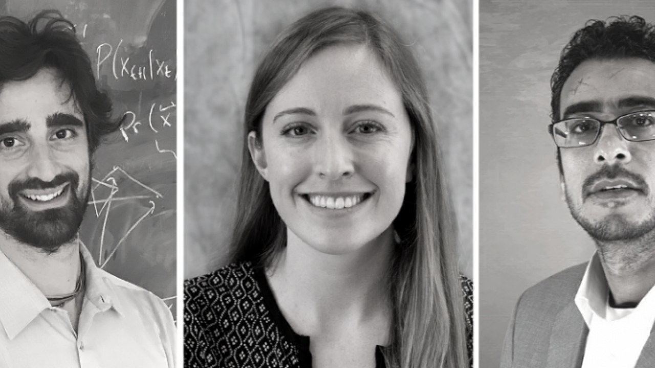 Headshots of Fabio Anza standing in front of a chalkboard filled with equations smiling with a dark beard wearing a light collared shirt; Michelle Cohn smiling with long light hair draped over her left shoulder and wearing a dark blouse; and Essam Abdelfattah looks to the camera with a short dark beard wearing glasses, a white collared shirt and light suit jacket.