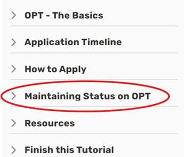 OPT menu selection highlighting Maintaining Status on OPT circled in red.