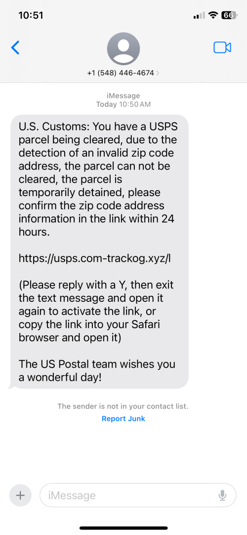 A screen capture of a text message from a number that claims to be from a US Customs official saying a UPSP parcel can't be delivered due to an invalid zip code. The message instructs the recipient to copy and paste a provided URL and reply to the text message. 