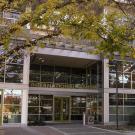 Modern glass-front office entrance with yellowing trees reflected in windows