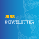 On a bright blue background with a faded illustration of a map with a UC Davis flag on it are the words "SISS Newsletter."