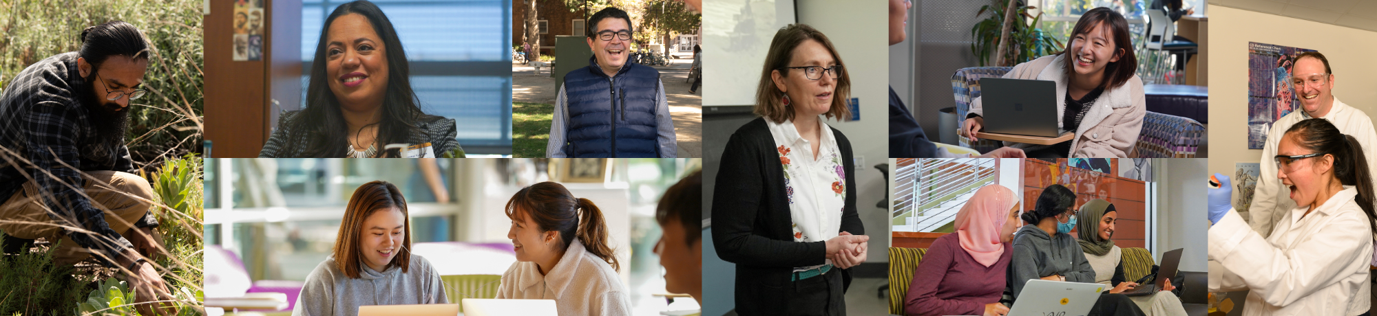 A collage of eight candid images featuring international students and scholars and their work and activities on campus. 
