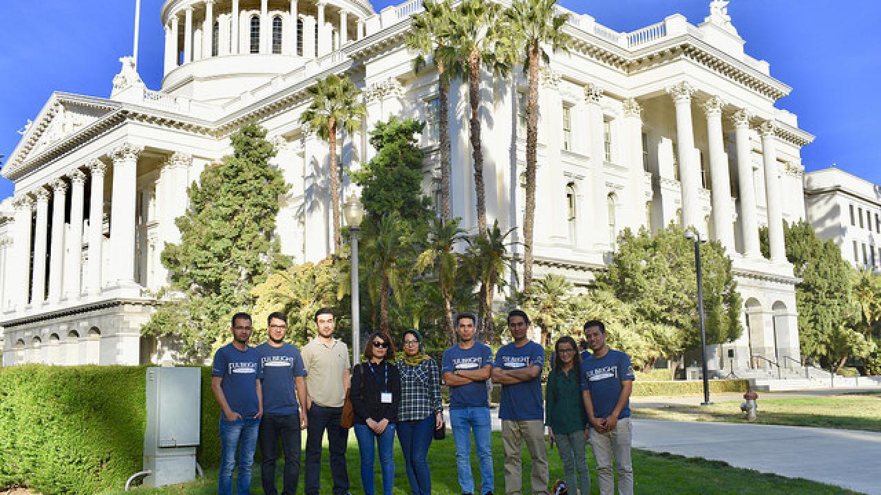 Fulbright Students from Afghanistan tour the California State Capitol (Rowan O'Connell Gates) group of students in front of the state capitol
